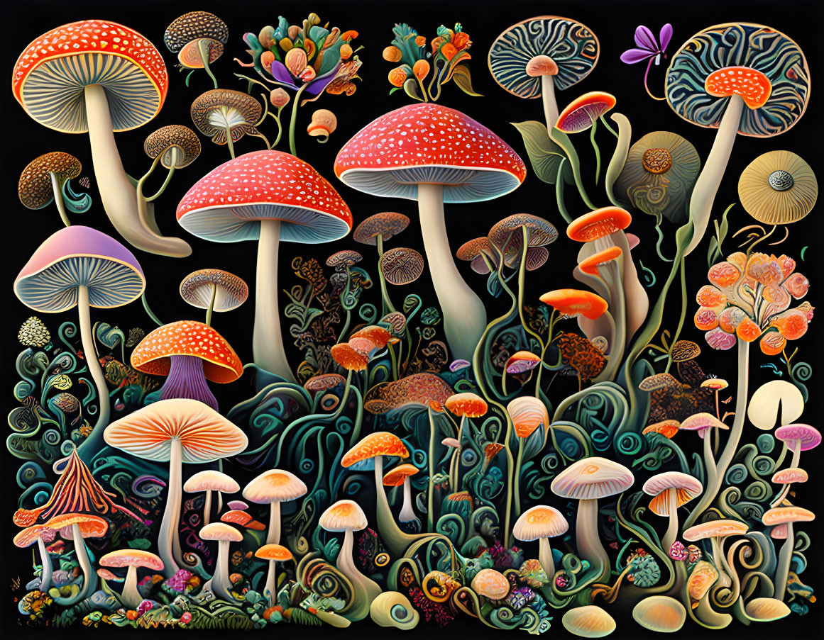 Colorful Stylized Mushrooms in Intricate Botanical Patterns