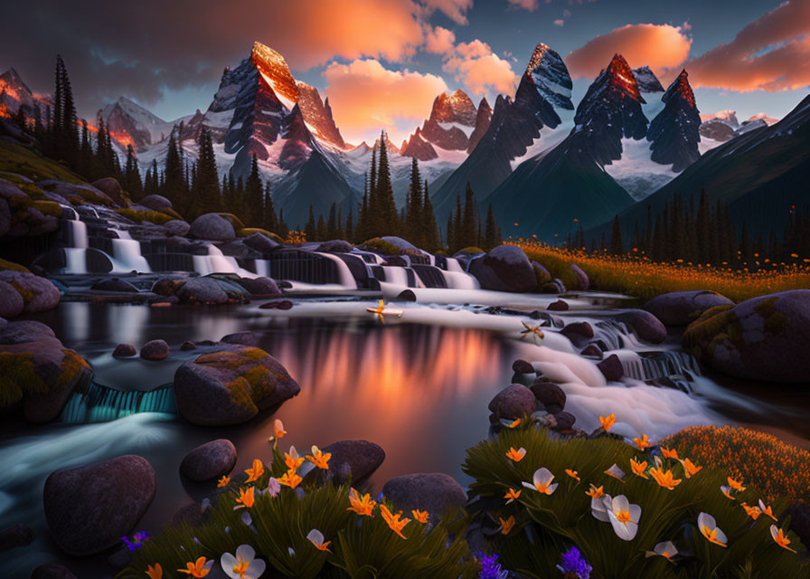 Tranquil landscape with waterfall, wildflowers, calm waters, and mountain peaks