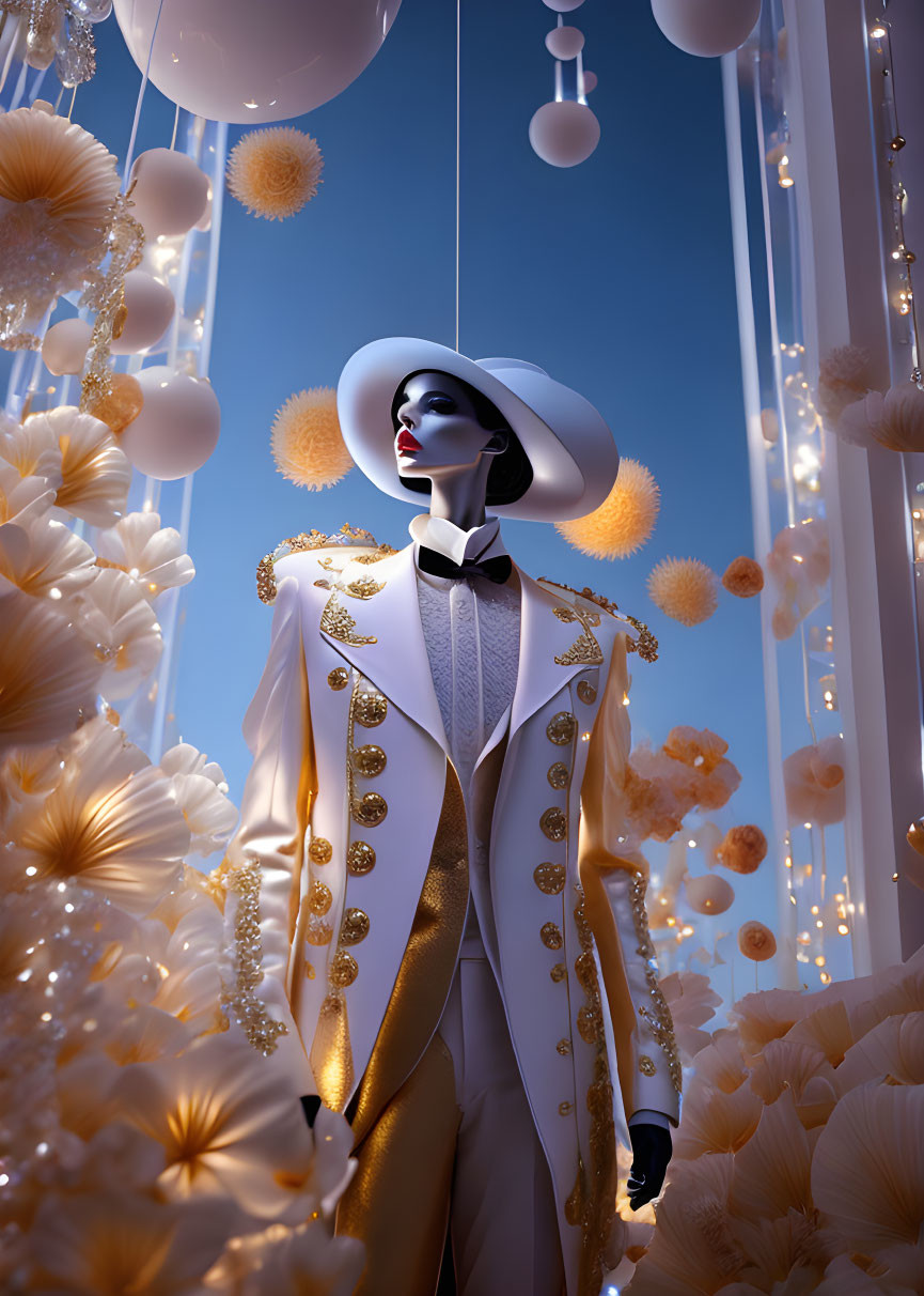 Fashionable figure in white and gold attire with hat, surrounded by hanging white spheres and warm lights on