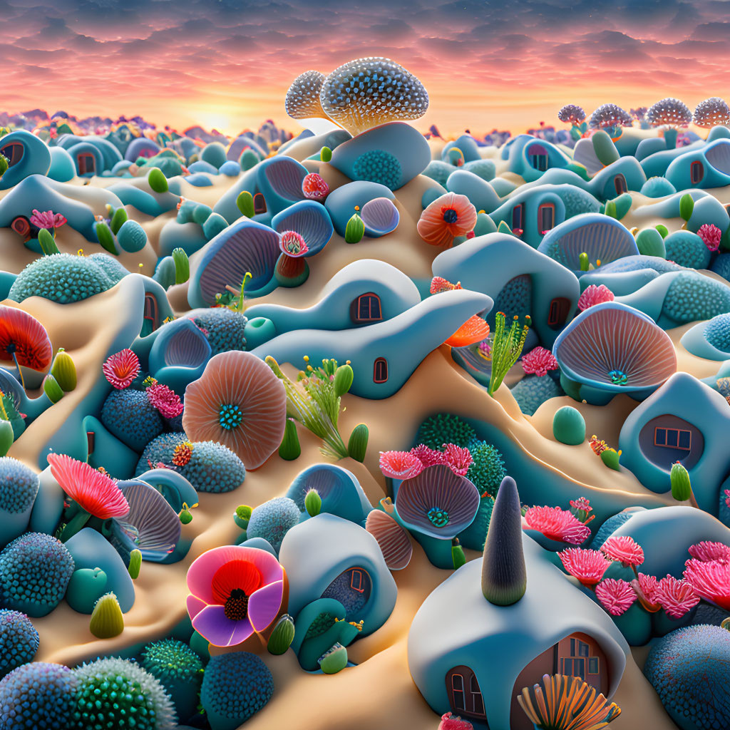 Surreal landscape with organic house-like structures and colorful mushroom-shaped vegetation under vibrant sunset sky