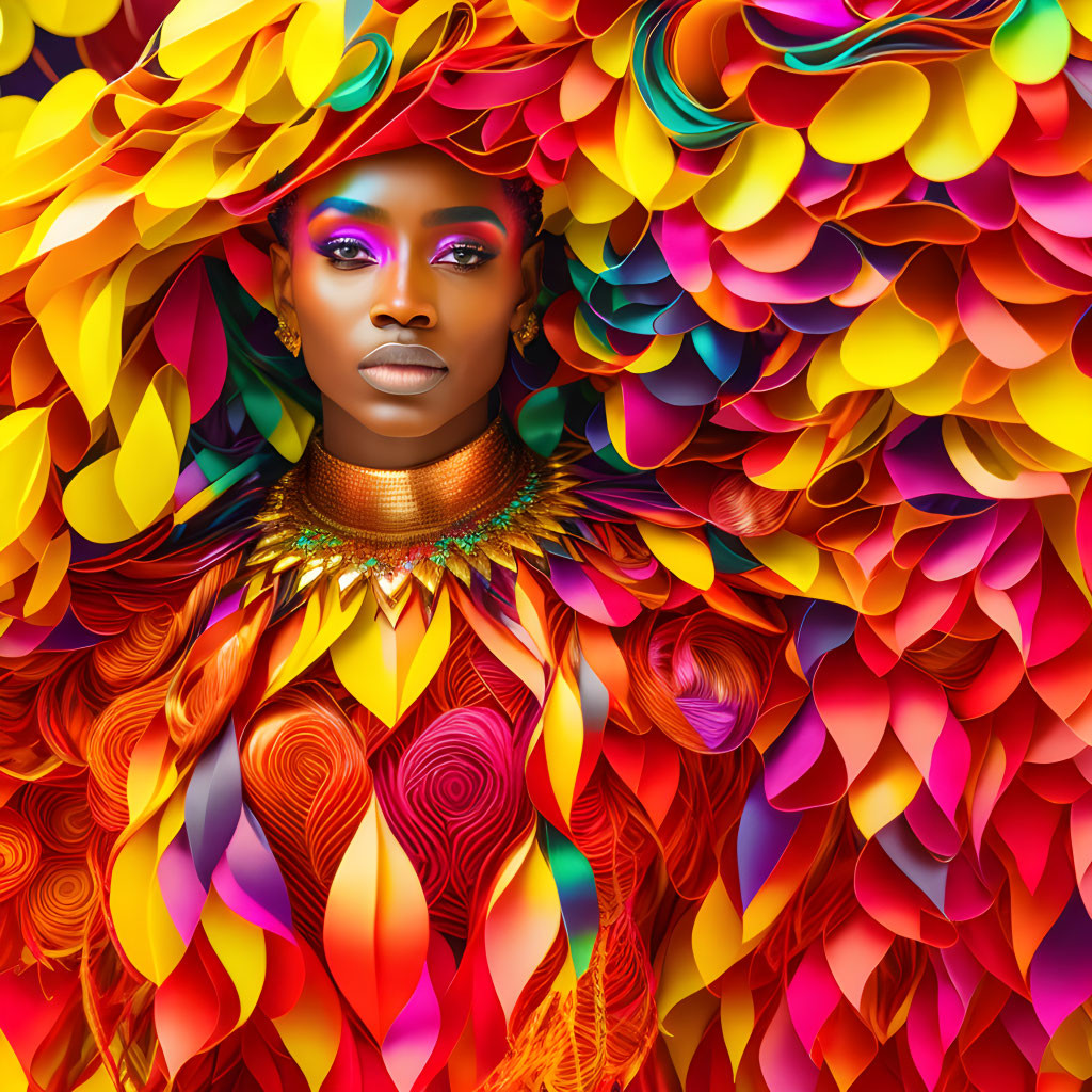 Colorful Paper Art Surrounds Woman with Vibrant Makeup