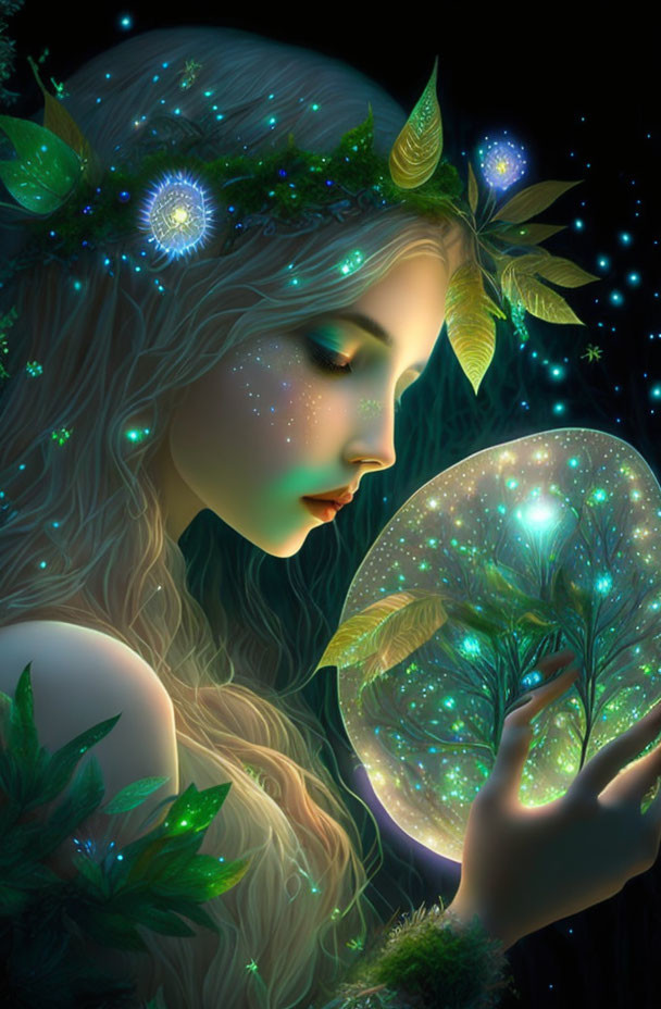 Illustration of woman with glowing skin holding radiant orb in starry setting