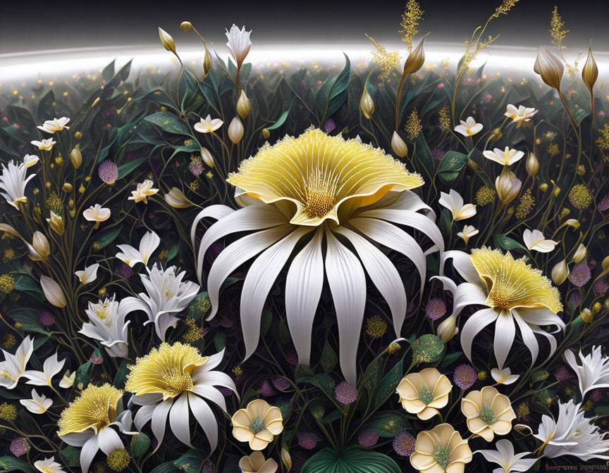 Vibrant digital art: stylized flowers on dark backdrop