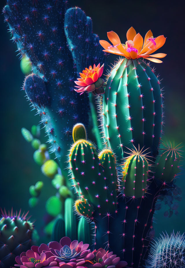 Colorful cacti with neon outlines on dark background