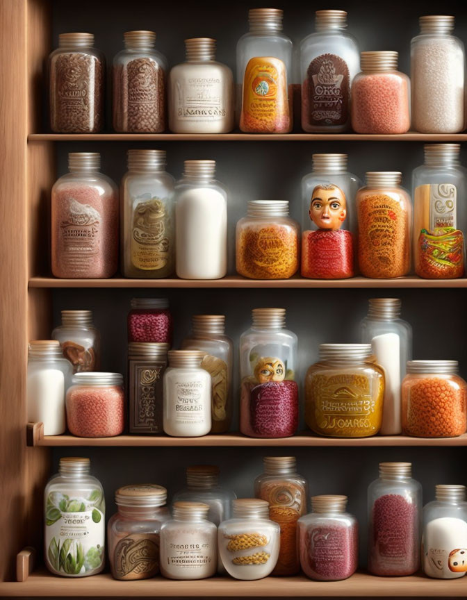 Wooden pantry shelf with labeled spice jars, some with character faces, against dark backdrop