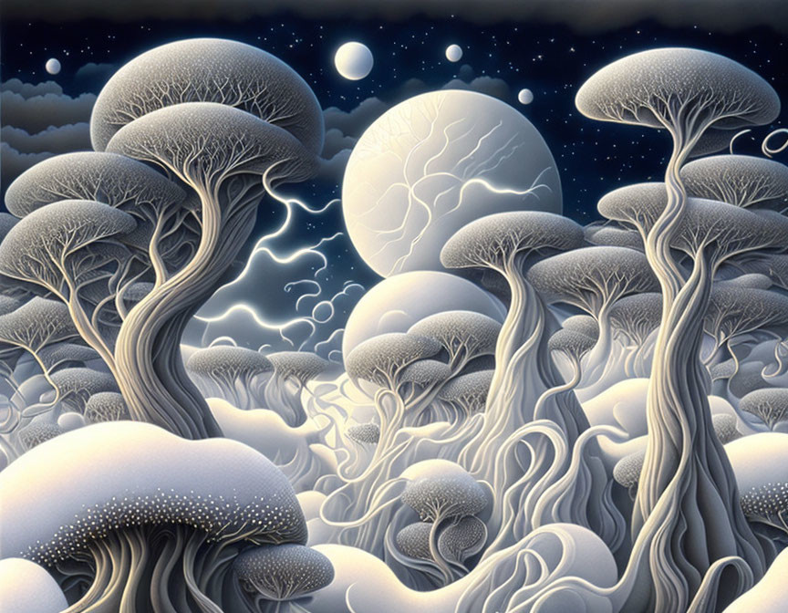 Surreal landscape with oversized mushroom-like trees under starry sky