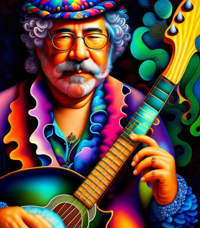 Vibrant portrait of a bearded man with glasses and hat holding a guitar