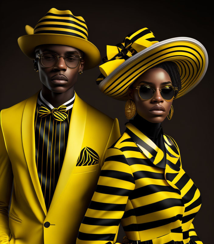 Fashionable couple in matching yellow and black striped outfits with suit and hat, striking a sophisticated pose.