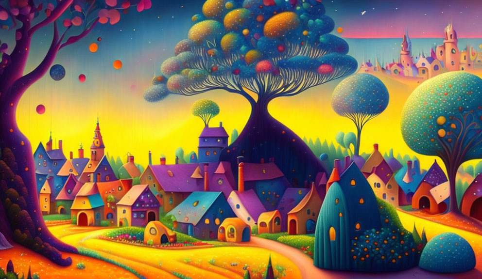 Whimsical fantasy landscape with colorful houses and castle under sunset sky