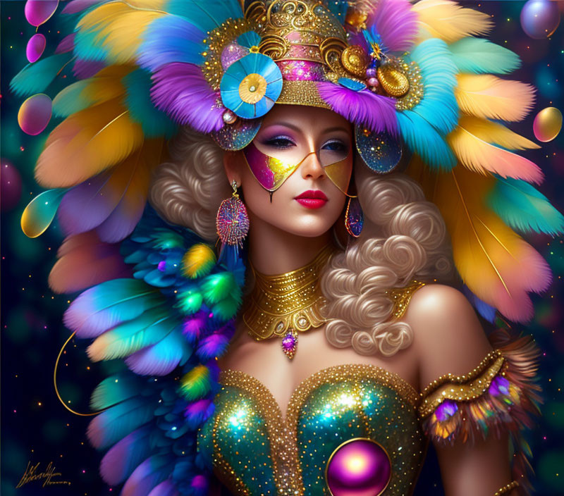 Colorful digital artwork of woman in carnival costume with feathers and masquerade mask