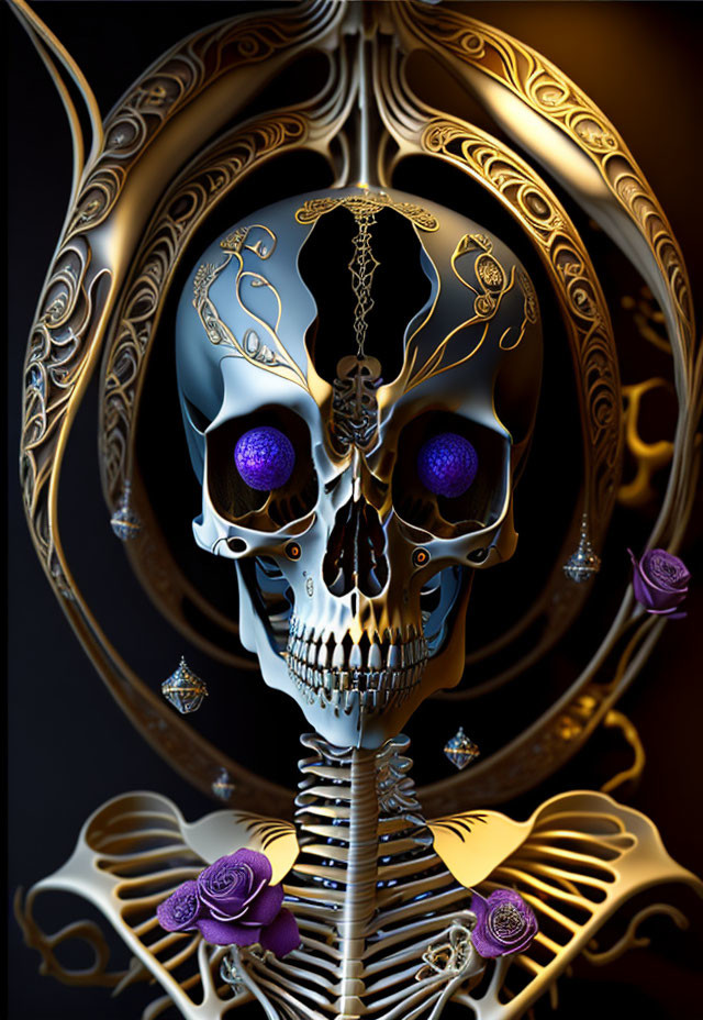 Gothic skeleton with golden filigree, purple gemstone eyes, and roses on dark background