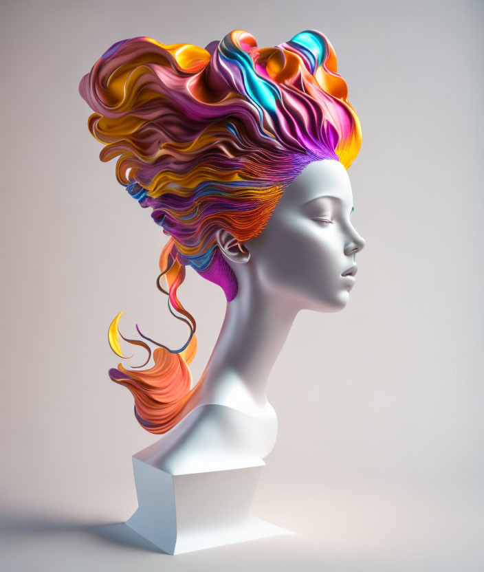 Colorful Bust Sculpture with Flowing Hair in Surreal Design