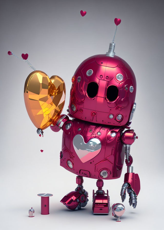 Pink robot with heart-shaped glass panel holding golden heart and heart antennas