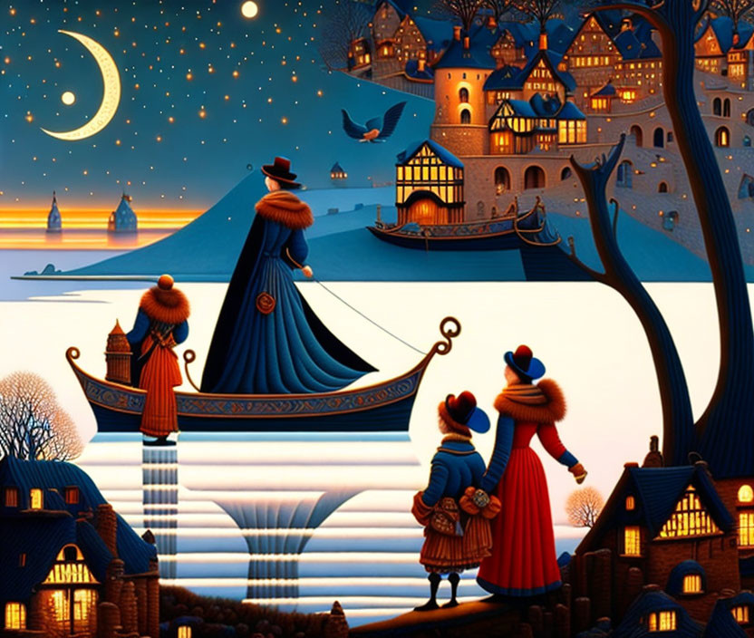 Whimsical night scene with vintage clothing, owl, crescent moon, illuminated houses, boat on