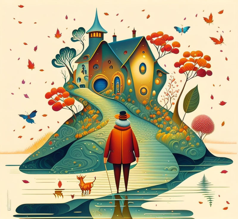 Illustration of person and cat near colorful autumn house with water reflection