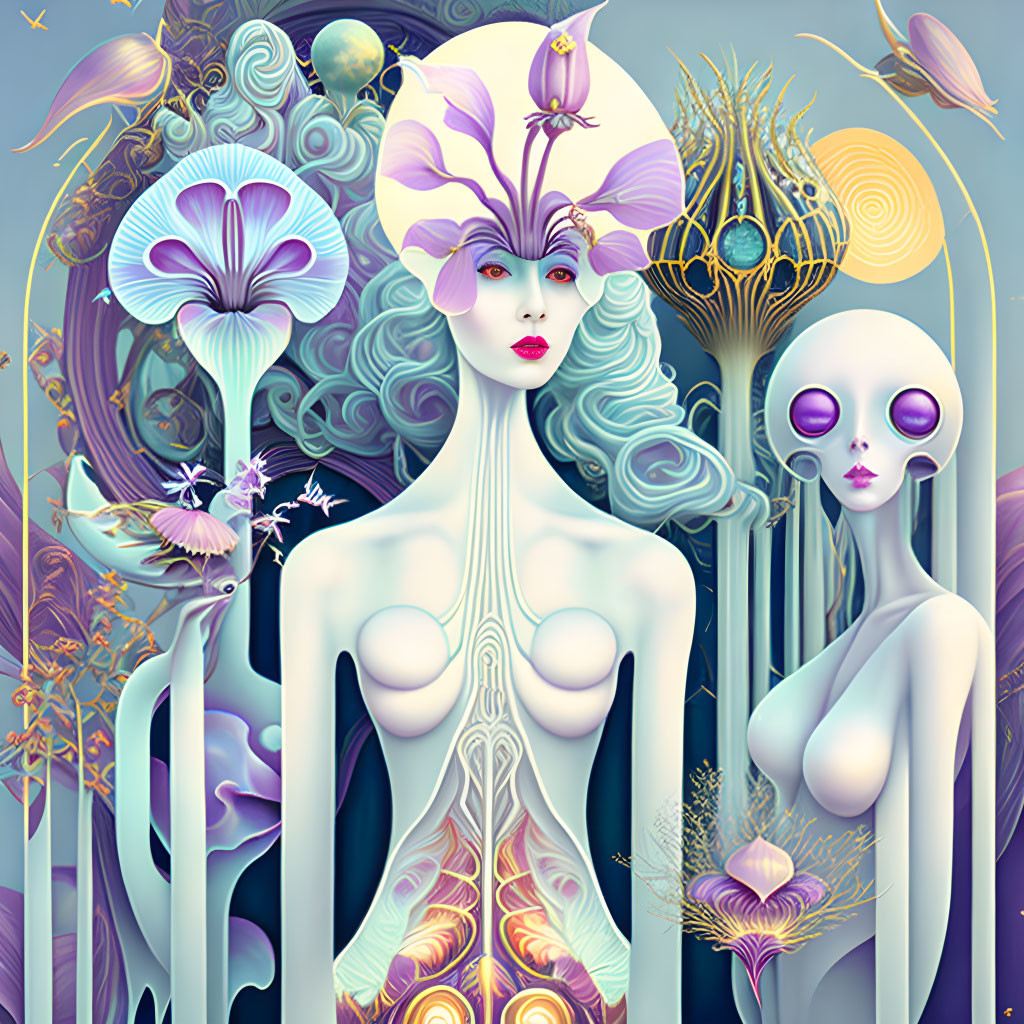 Colorful illustration of two ethereal female figures in cosmic setting with floral motifs