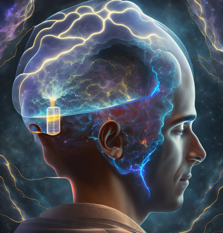 Profile portrait with transparent head revealing glowing brain and battery symbol