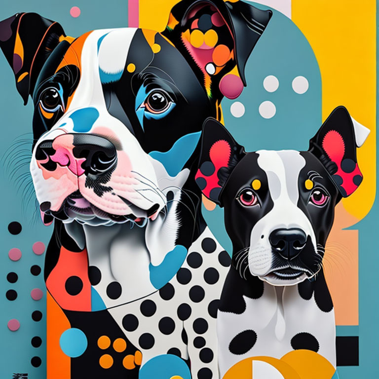 Vibrant stylized dog illustration with geometric shapes.