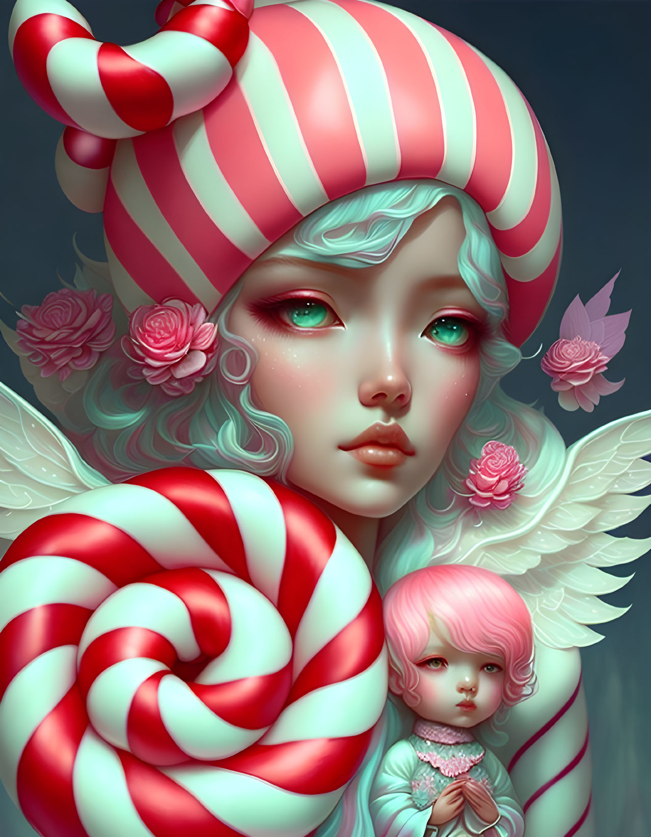 Fantasy female character with striped headwear and candy cane, with winged miniature version