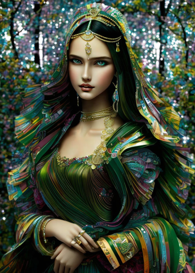 Digital artwork: Woman with blue eyes, gold jewelry, and peacock feather patterned dress