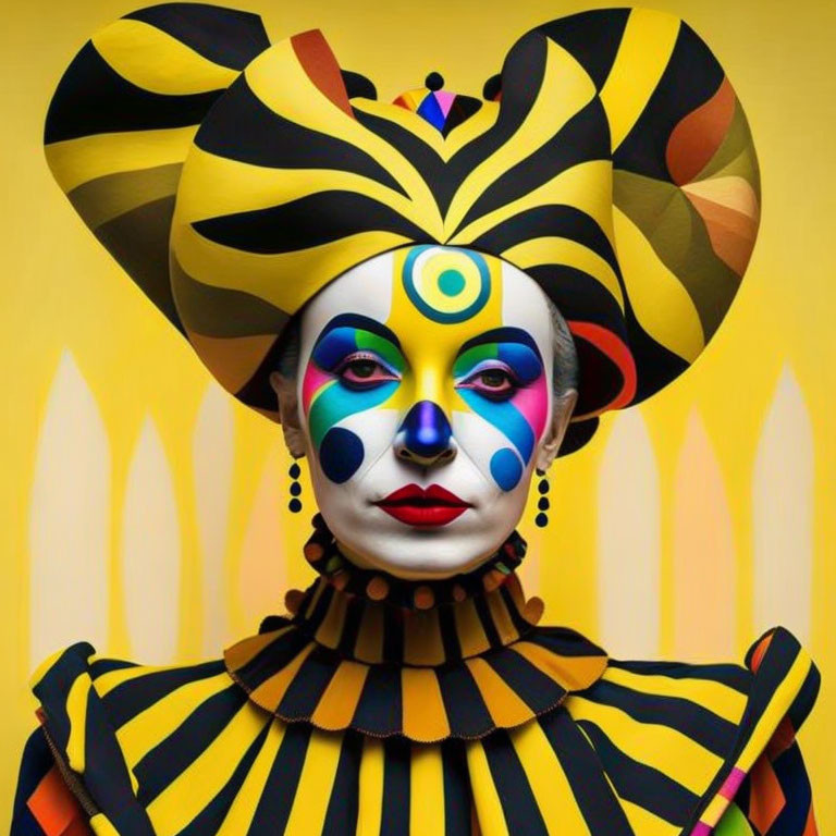 Colorful face paint portrait with yellow, black, and white headdress against pencil backdrop