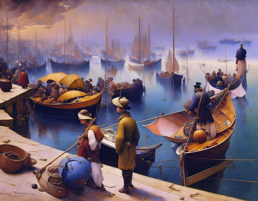 Tranquil harbor dawn scene with moored boats, fishermen preparing, baskets, nets, misty