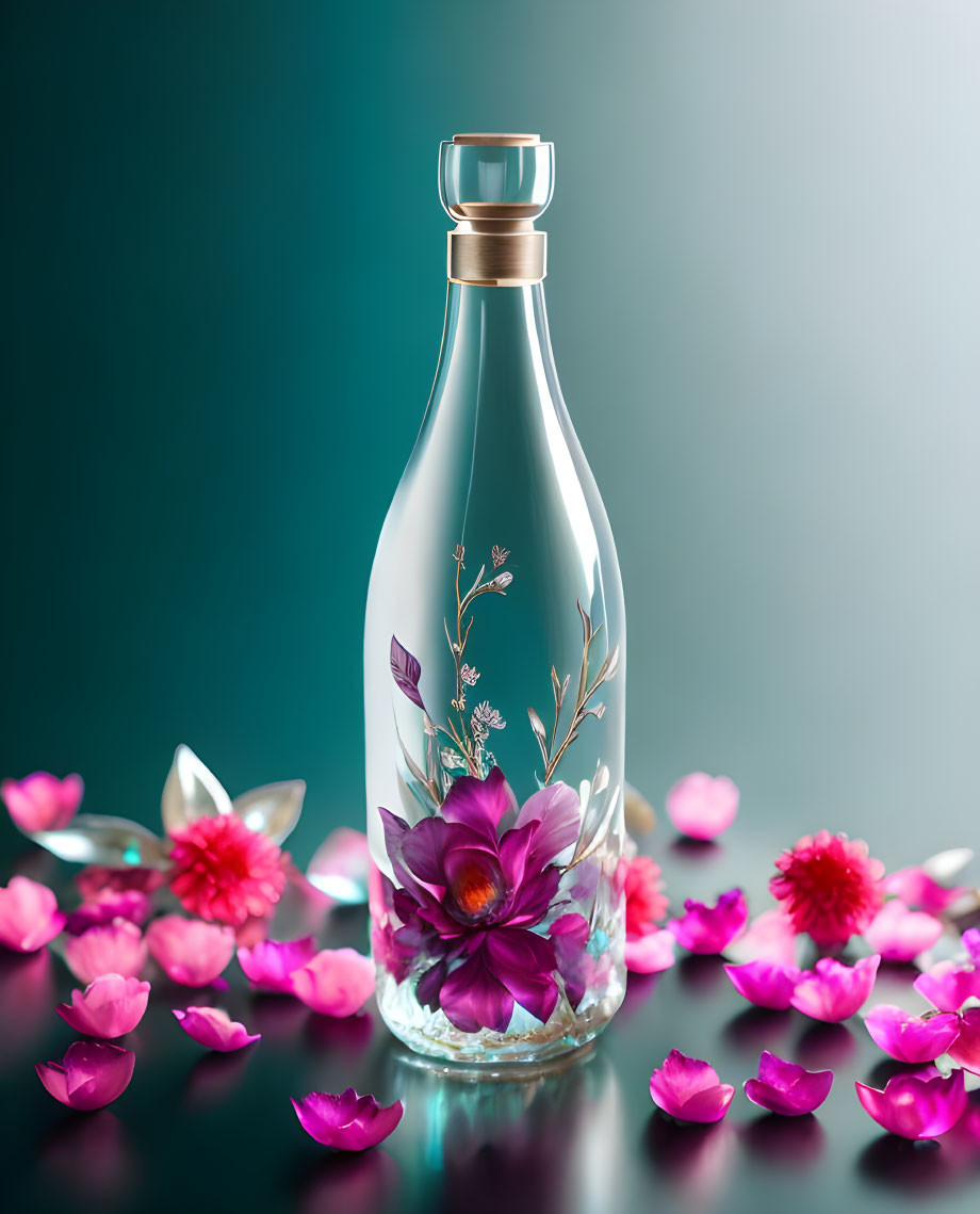 Translucent perfume bottle with floral designs on teal backdrop