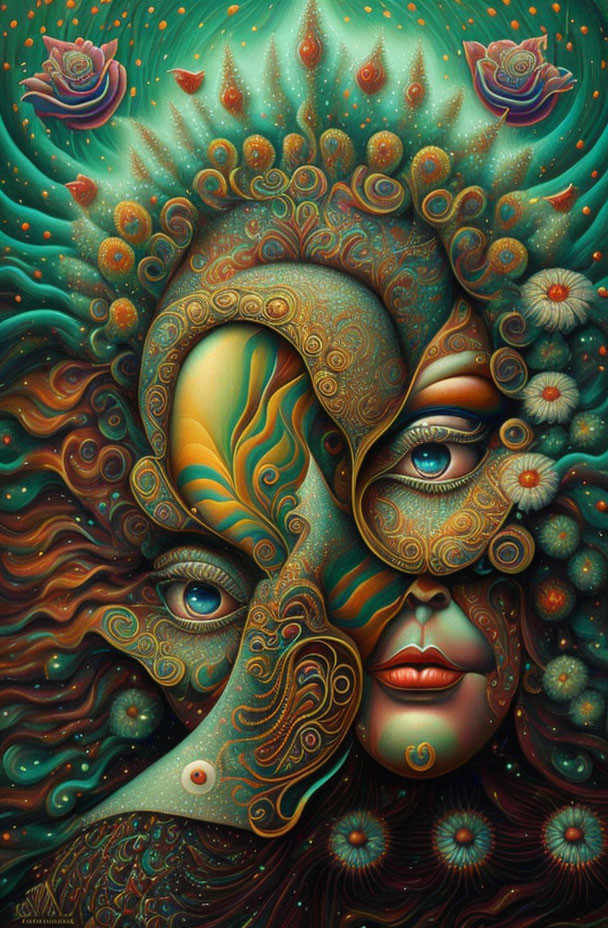 Colorful Surrealist Woman's Face Merging with Abstract Flora Patterns