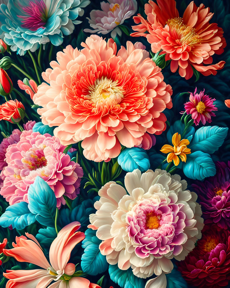 Multicolored Peony-Like Flowers in Pink, Orange, Blue, and White