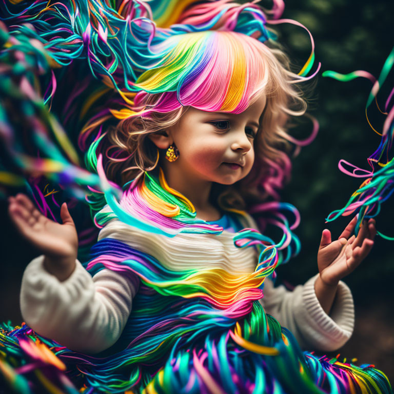 Vibrant multicolored hair child in white sweater with gentle expression