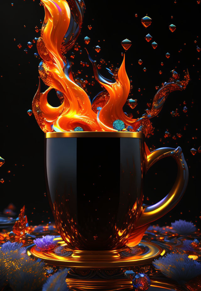 3D illustration of striped cup with fiery liquid on dark backdrop