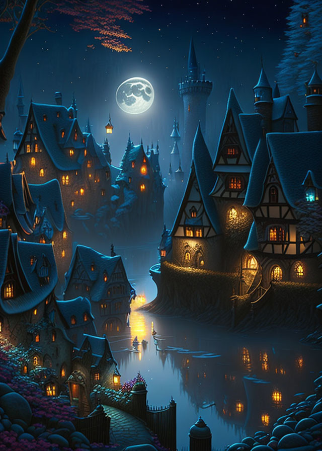 Medieval village at night with illuminated houses, castle, and full moon