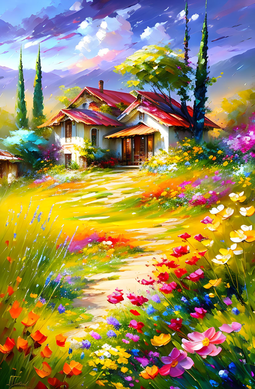 Colorful countryside house painting with lush gardens and flower path under sunny sky