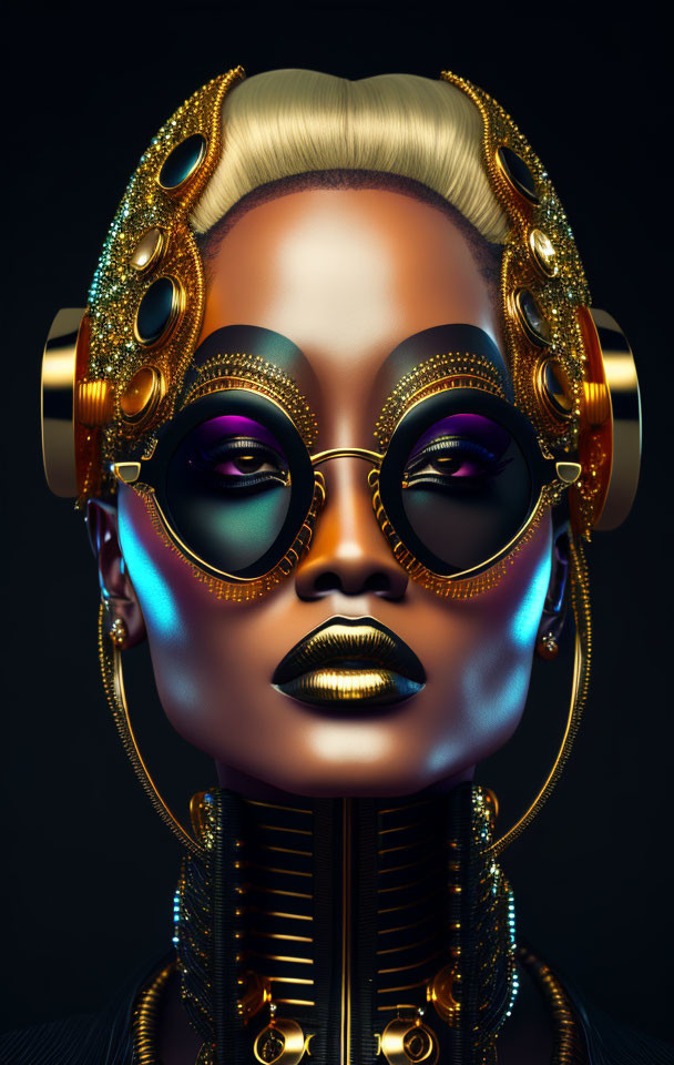 Elaborate gold and black headgear on futuristic female figure