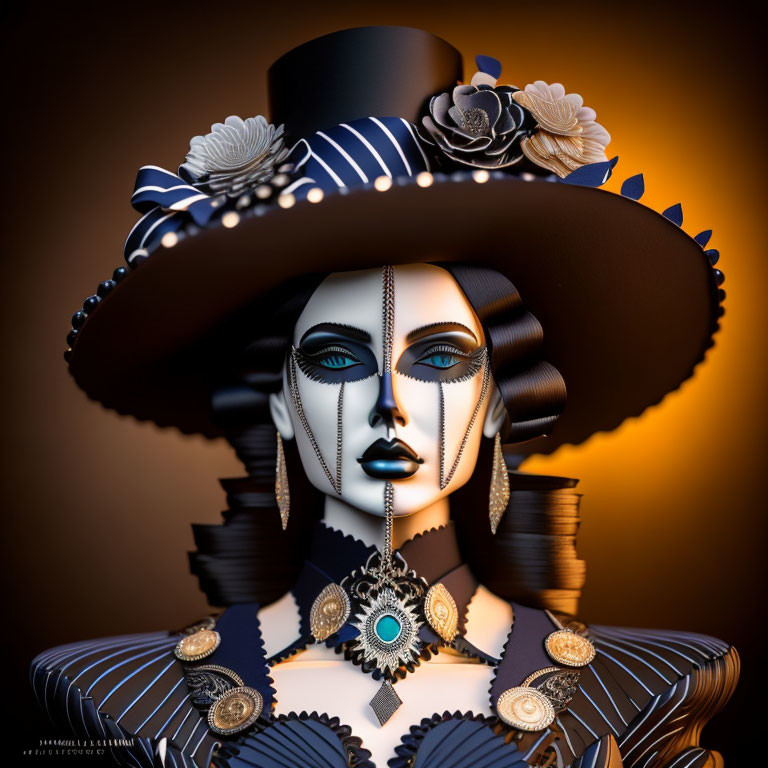 Figure with black and white makeup and wide-brimmed hat, adorned with flowers and jewelry on warm