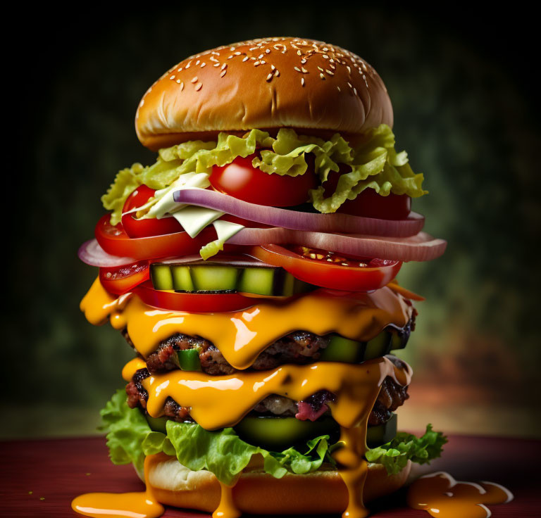 Stacked cheeseburger with multiple beef patties, cheese, lettuce, tomatoes, onions, pickles