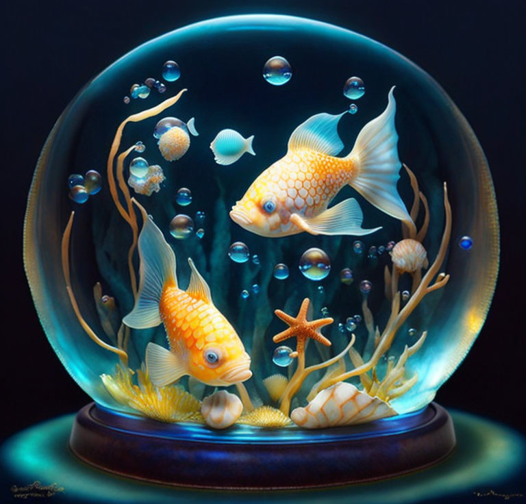 Vibrant Orange Goldfish in Spherical Aquarium with Seashells and Starfish