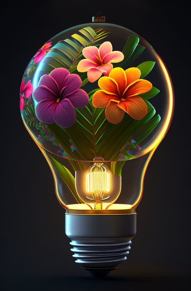 Colorful Tropical Flower Mini Ecosystem in Glowing Lightbulb