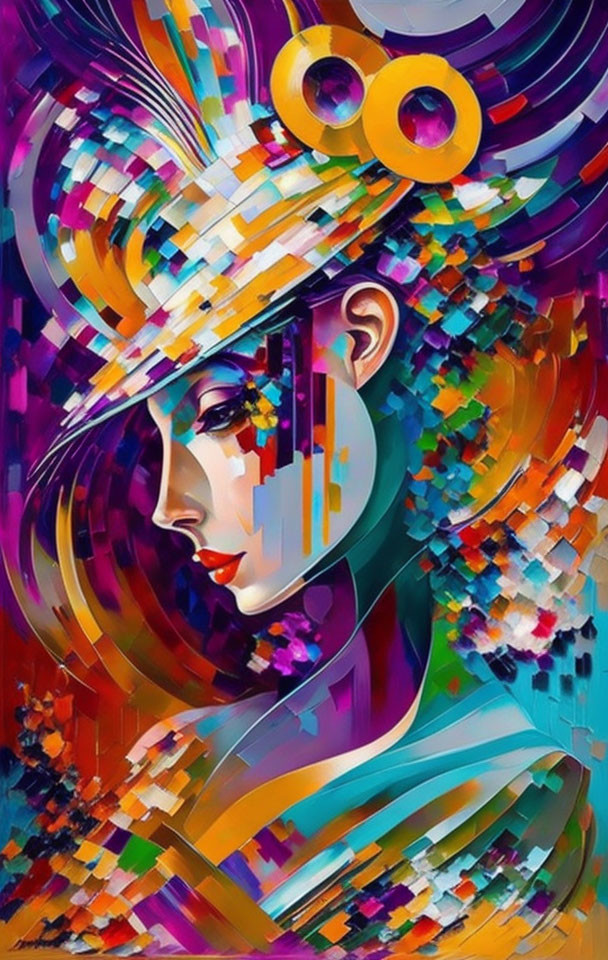 Colorful abstract portrait of a stylized woman with geometric patterns and swirls in purple, blue,