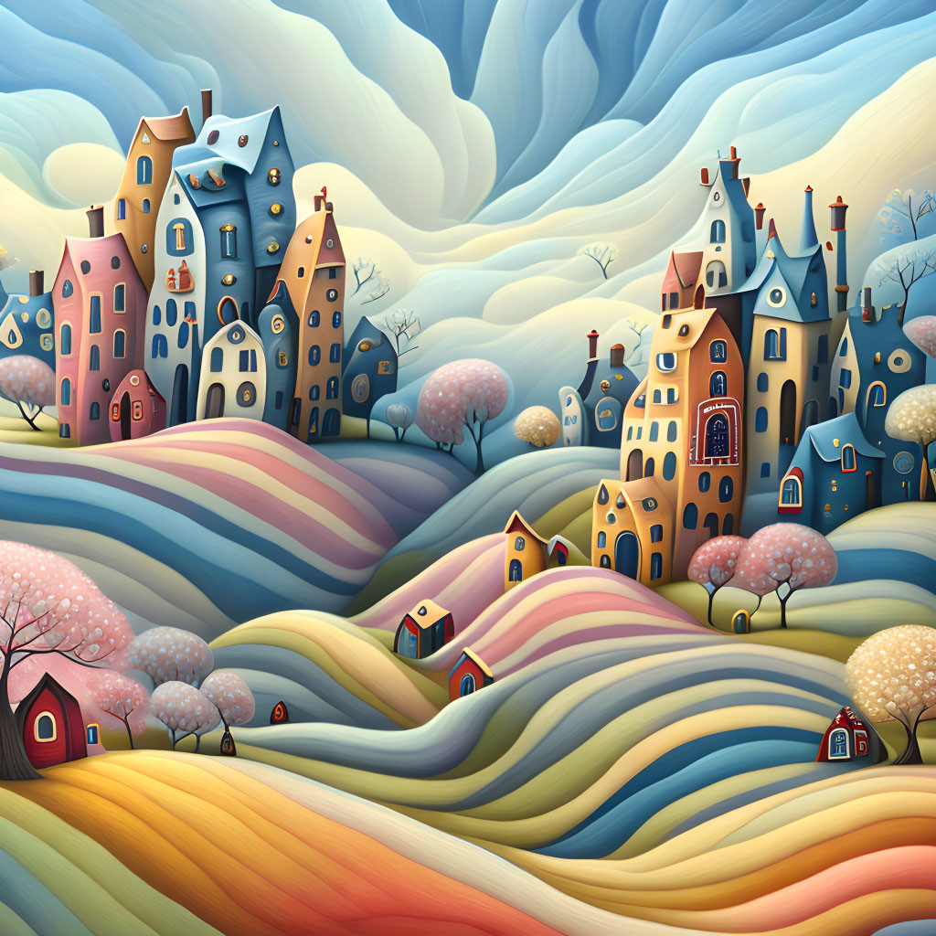 Colorful Stylized Houses in Whimsical Landscape