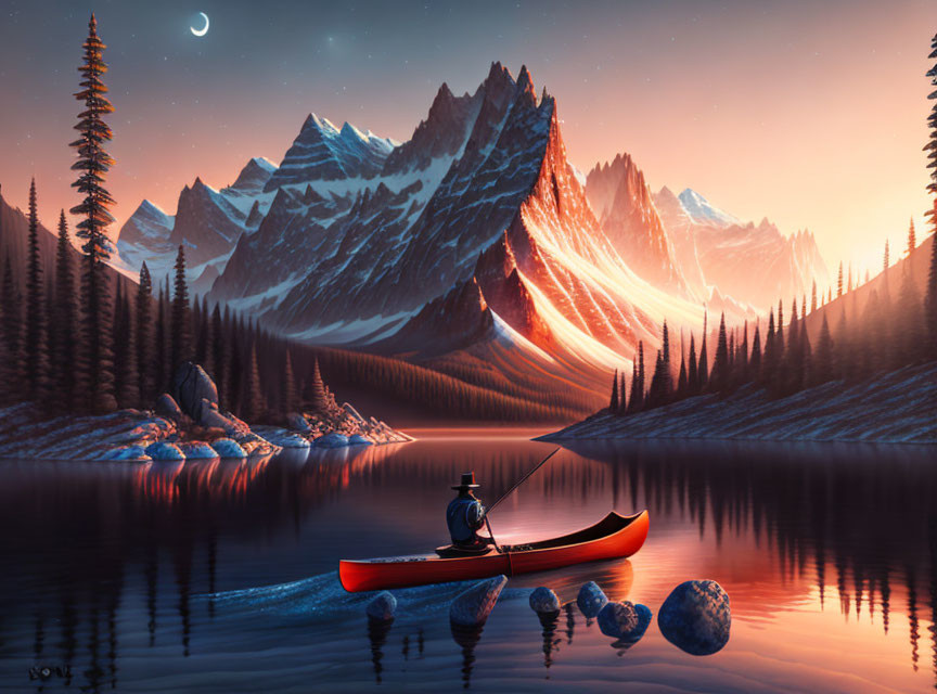 Tranquil twilight scene: person in canoe on lake with mountains, forest, crescent moon.