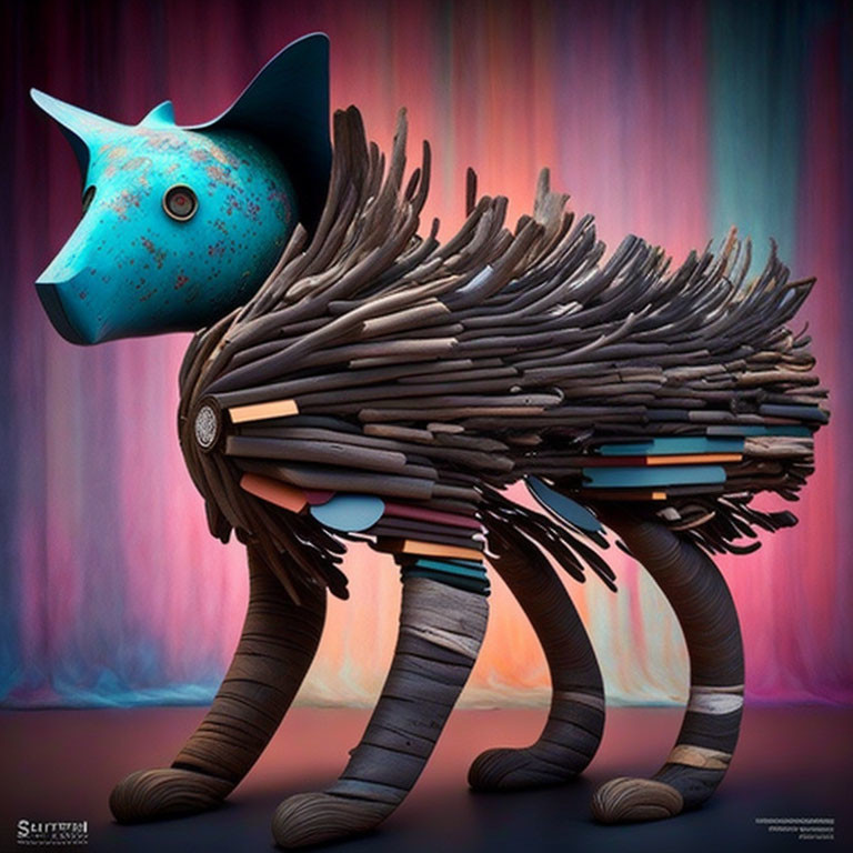 Whimsical creature with blue cat-like head and wooden log body on colorful backdrop