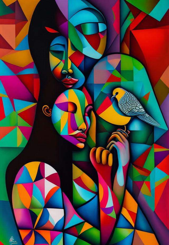 Vibrant geometric painting of human figure with bird on hand