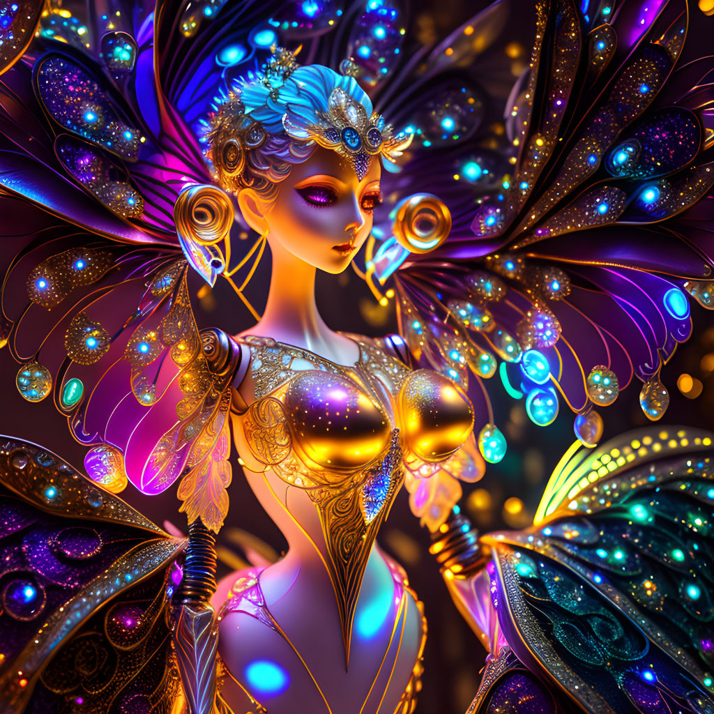 Fantasy digital artwork: vibrant figure with butterfly wings & golden armor