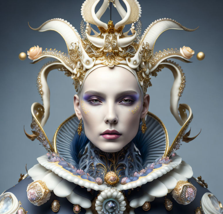 Elaborate surreal portrait with white and gold headgear, purple eye makeup, navy blue hair,