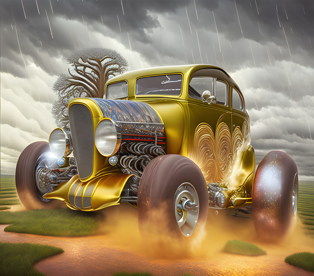 Golden-yellow antique hot rod speeding on wet road under stormy sky