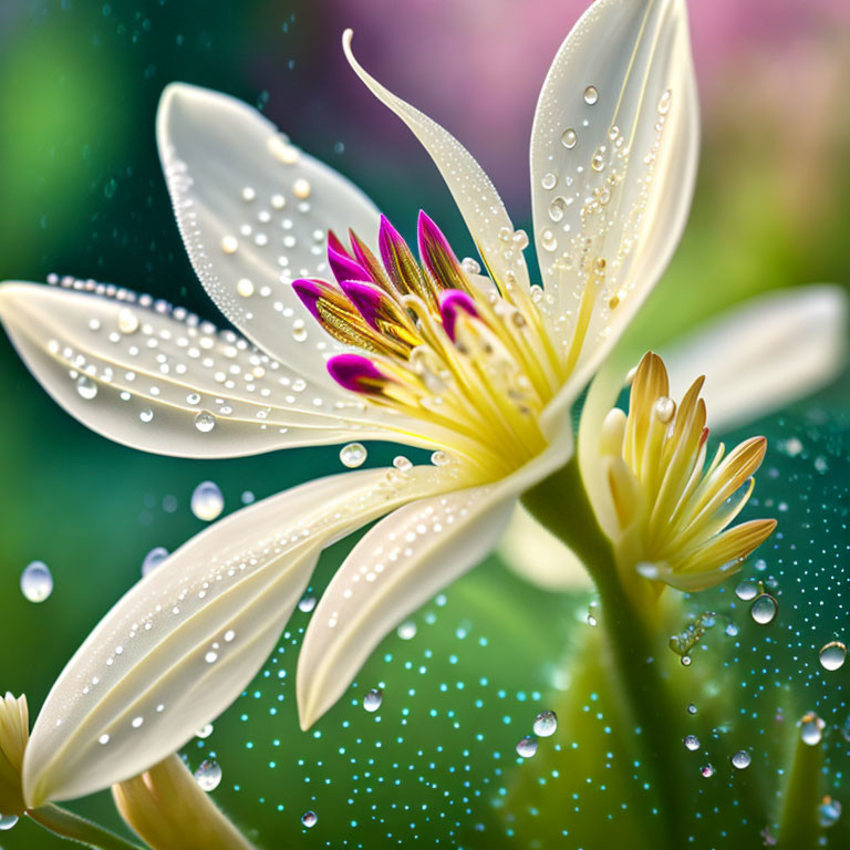 White Flower with Dew Droplets on Petals in Close-up Shot