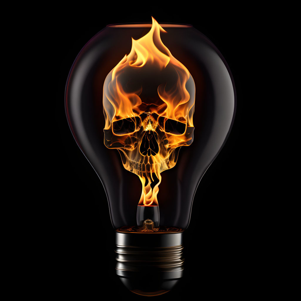 Fiery skull inside light bulb on black background