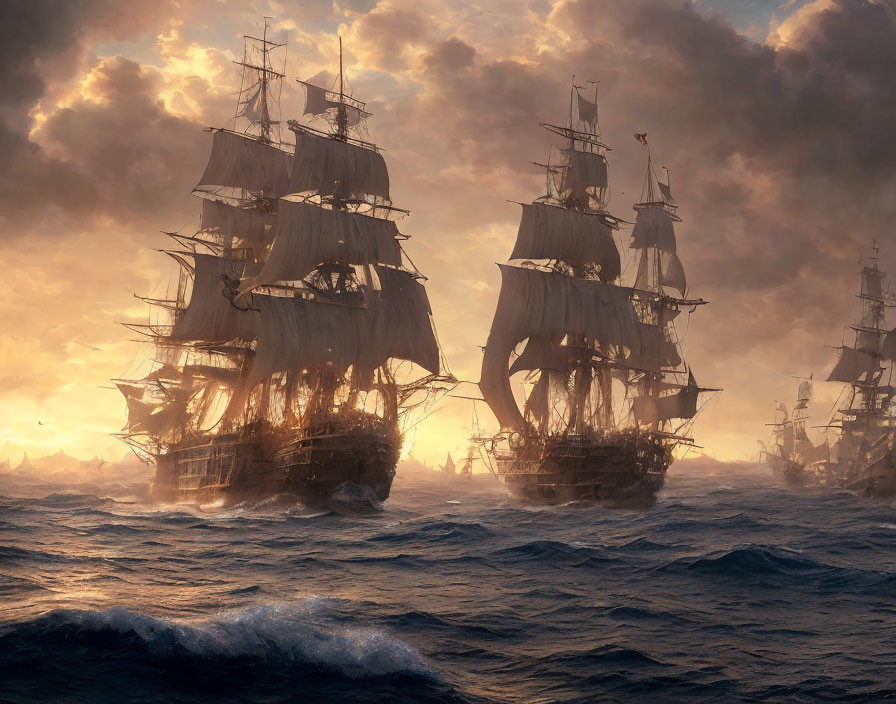 Tall ships with full sails in stormy seas at sunset