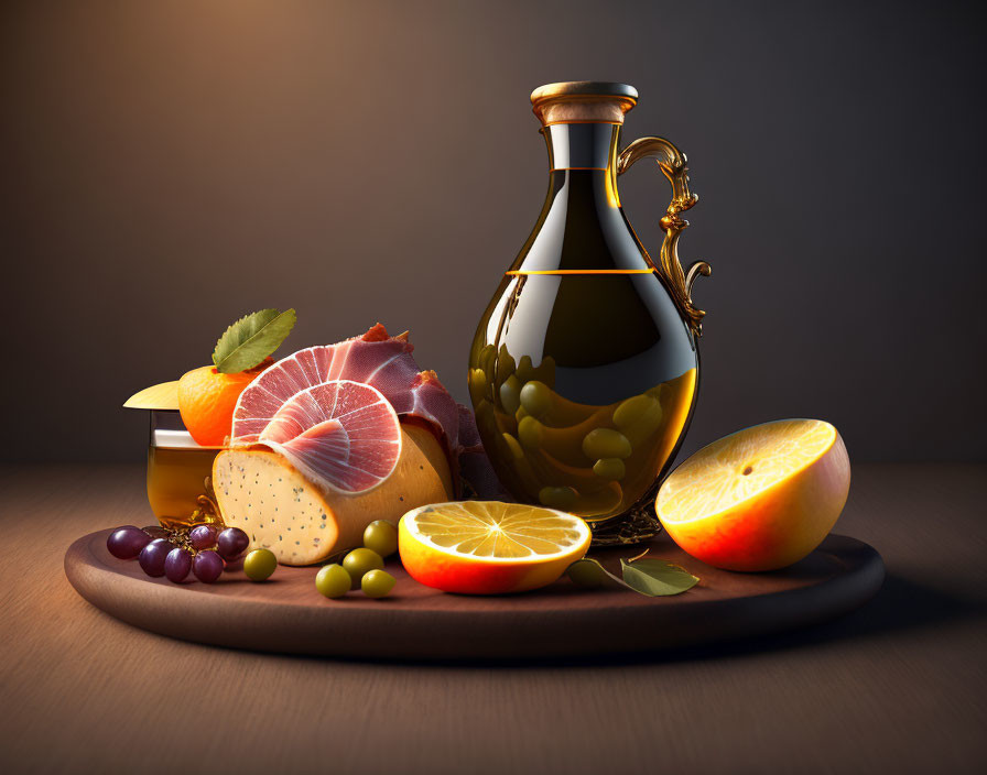 Dark glass bottle, grapefruit, pomegranate, grapes on wooden surface.